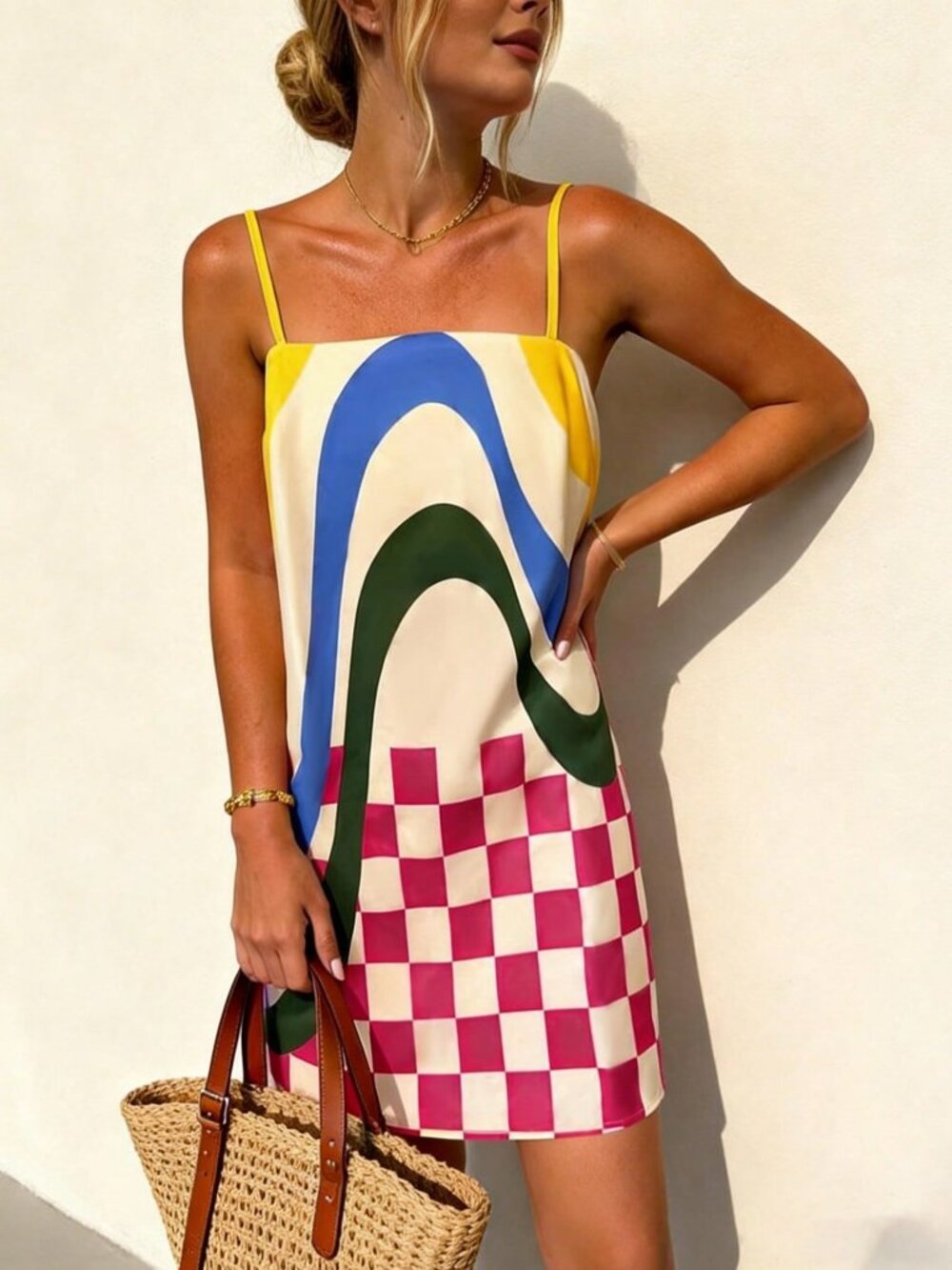 Multicolor Casual Women's  Checkered Color Print Loose Strap Dress - Picture 3 of 6